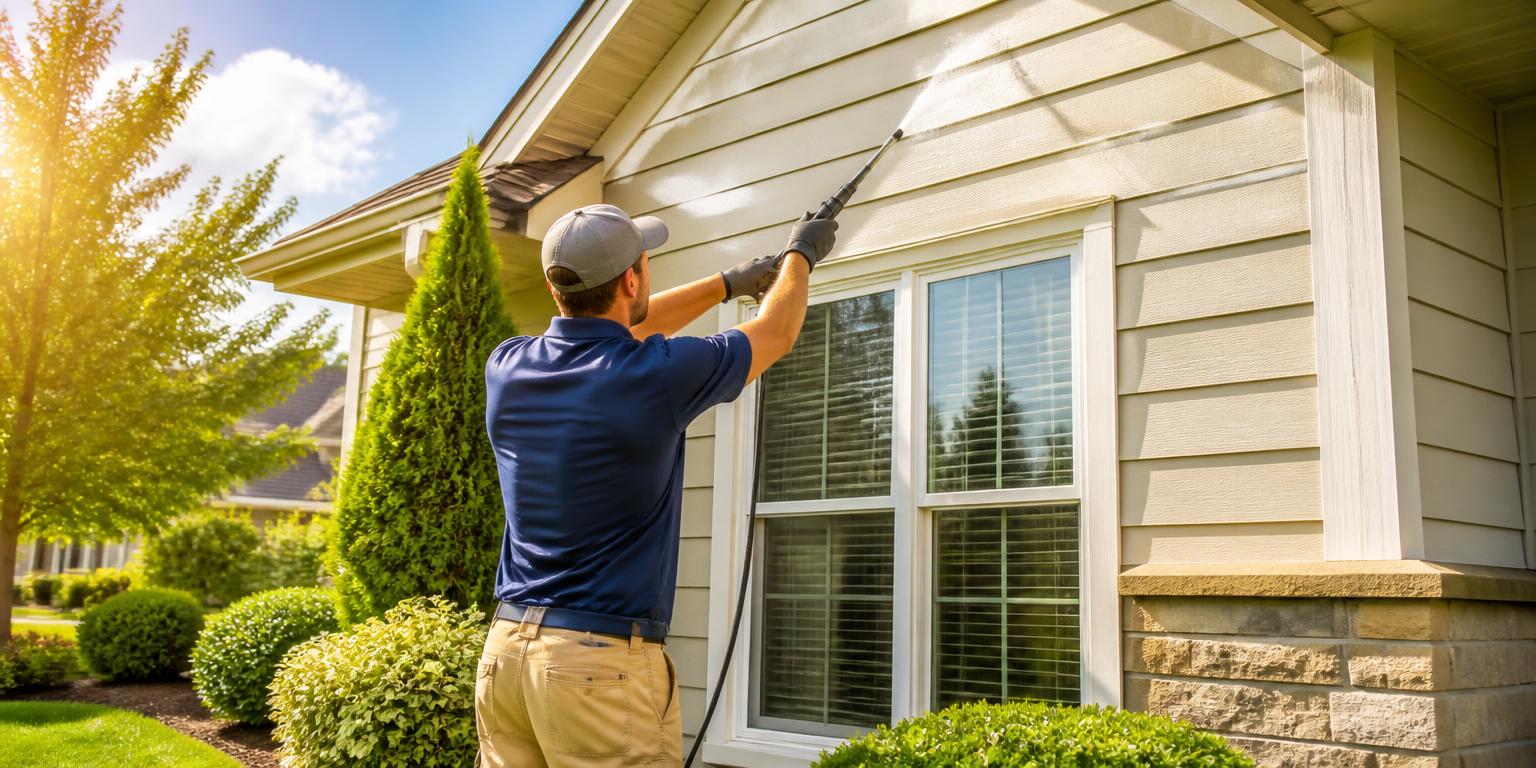 Worker on a ladder cleaning gutters beside a stained wood deck and freshly sealed driveway