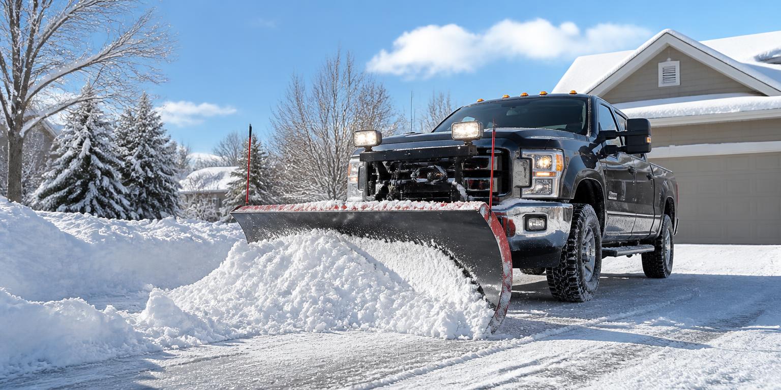 Pickup truck with a plow clearing snow from a residential driveway in winter