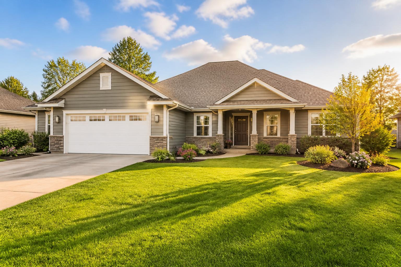 Beautiful suburban home with a perfectly manicured lawn bathed in warm afternoon sunlight