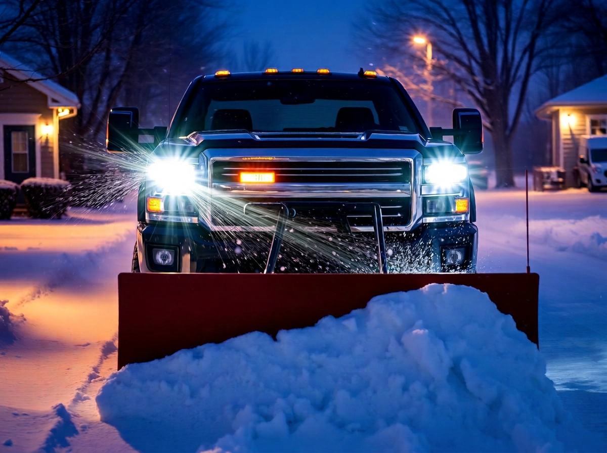 Plow truck clearing a Rochester NY driveway before dawn